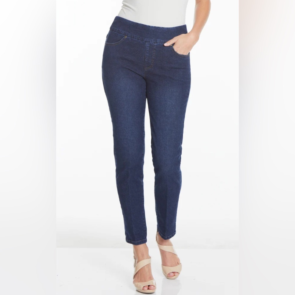 SlimSation by Multiples Dark Denim Pull on Stretch Jeans w Tummy Control Size 4
